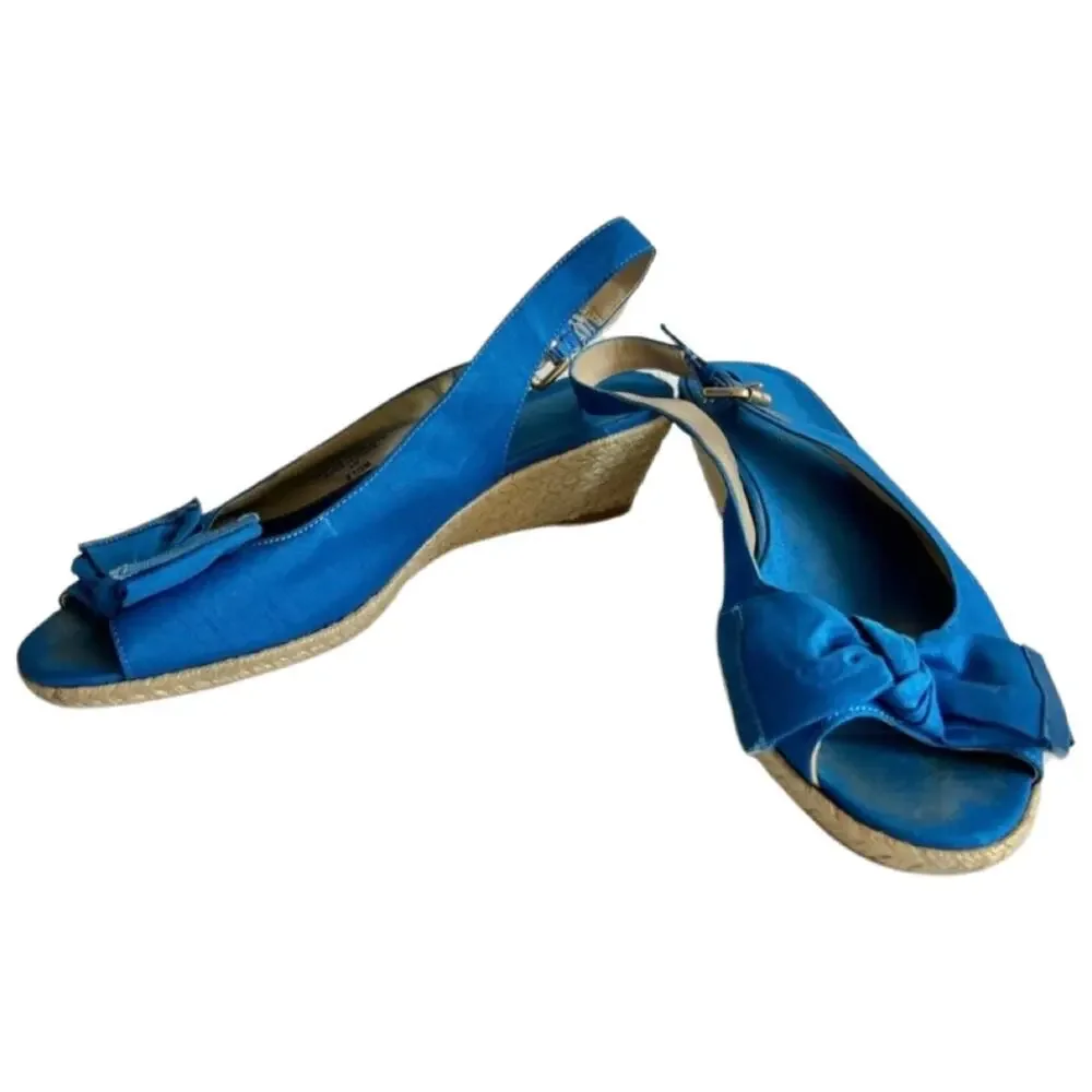 Bandolino Royal Blue Bow Peep Toe Slingback Heel Espadrilles Sandals 8.5 *GOOD* - Picture 2 of 7